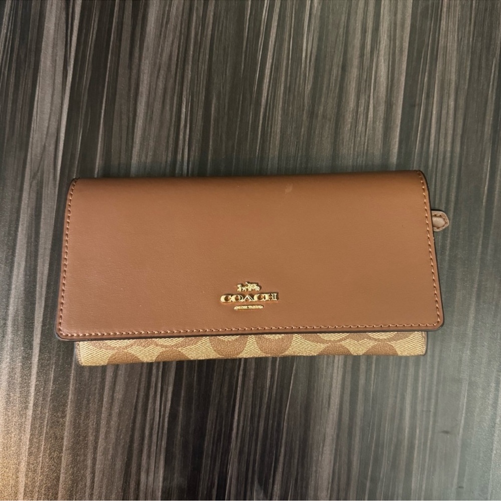 NWT SLIM TRIFOLD WALLET IN SIGNATURE CANVAS (COACH C5966) IM/KHAKI SADDLE 2